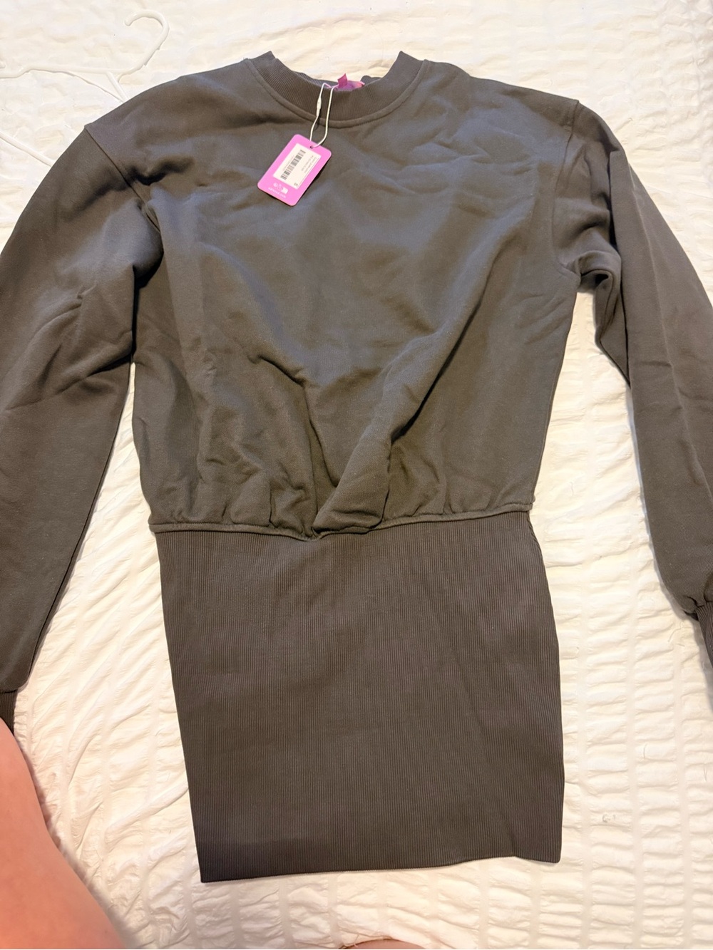 Long Sleeve  Grey Ribbed Waist Dress